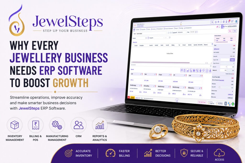 ewelSteps Jewellery ERP Software dashboard with inventory management, billing, CRM, manufacturing, and business analytics for jewellery businesses."