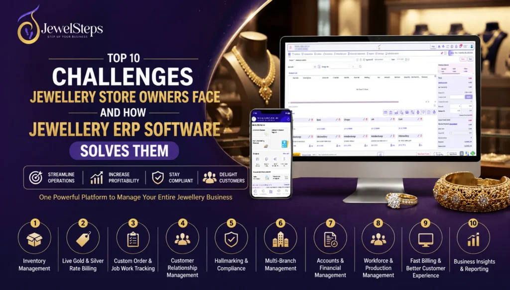 JewelSteps Jewellery ERP Software promotional banner showing a jewellery showroom background with gold ornaments, a desktop and mobile application interface. The image highlights “Top 10 Challenges Jewellery Store Owners Face and How Jewellery ERP Software Solves Them,” featuring key solutions such as inventory management, live gold and silver rate billing, custom order tracking, customer relationship management, hallmarking compliance, multi-branch management, accounts and financial management, workforce management, fast billing, and business reporting. The design uses a premium purple and gold theme to represent modern jewellery business management software.