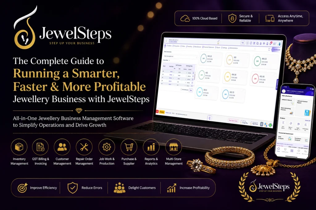 JewelSteps jewellery business management software dashboard displayed on laptop and mobile, helping jewellery retailers manage inventory, billing, customers, job work, and business reports.