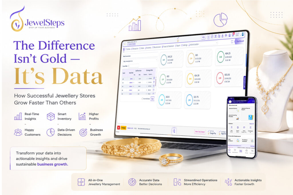JewelSteps jewellery ERP dashboard showcasing data-driven business growth, inventory management, sales analytics, and real-time reporting for