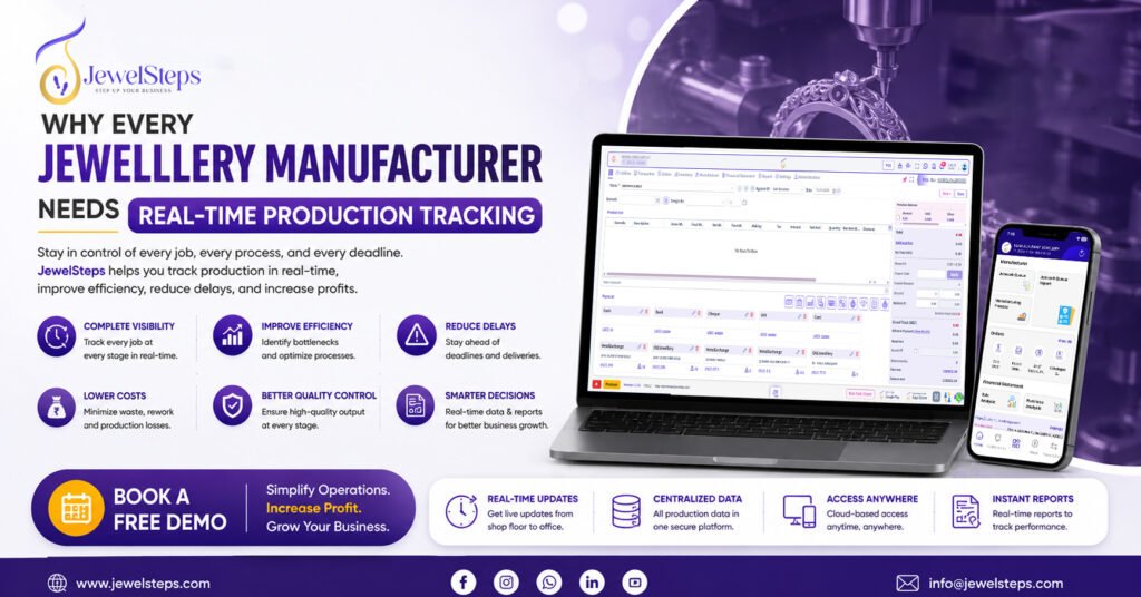 Transform your jewellery business with JewelSteps. Book a free demo to explore smart inventory management, production tracking, billing, and real-time business insights.