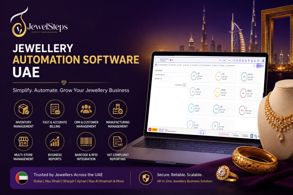 JewelSteps Jewellery Automation Software UAE dashboard displayed on a laptop with luxury gold jewellery, Dubai skyline, and key ERP features including inventory, billing, CRM, RFID, manufacturing, and multi-store management.