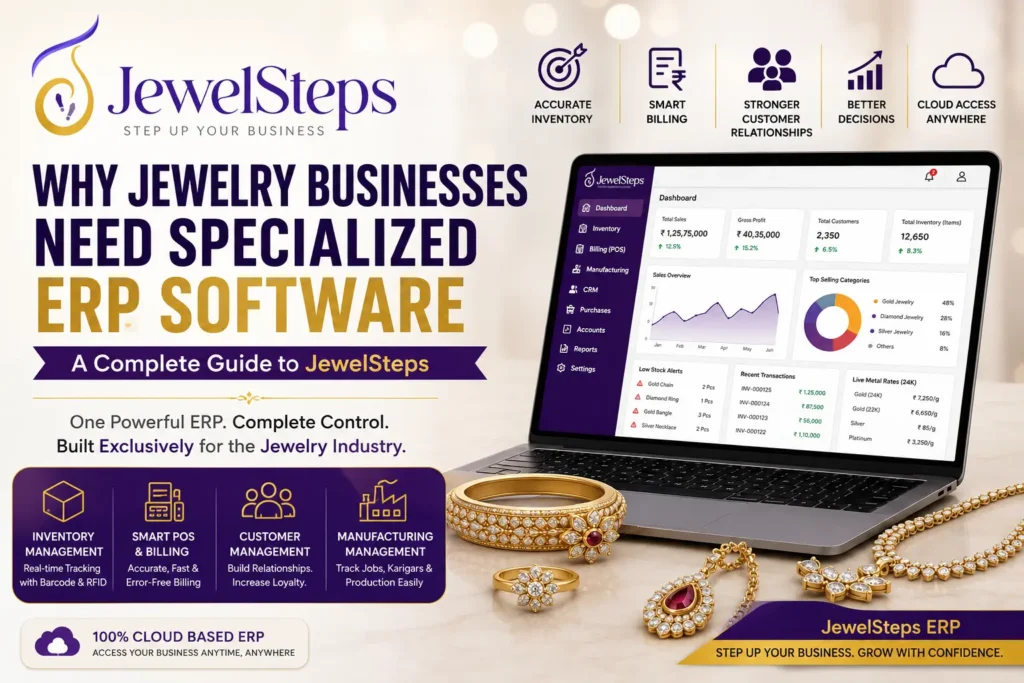 JewelSteps Jewelry ERP software dashboard for jewelry business management.